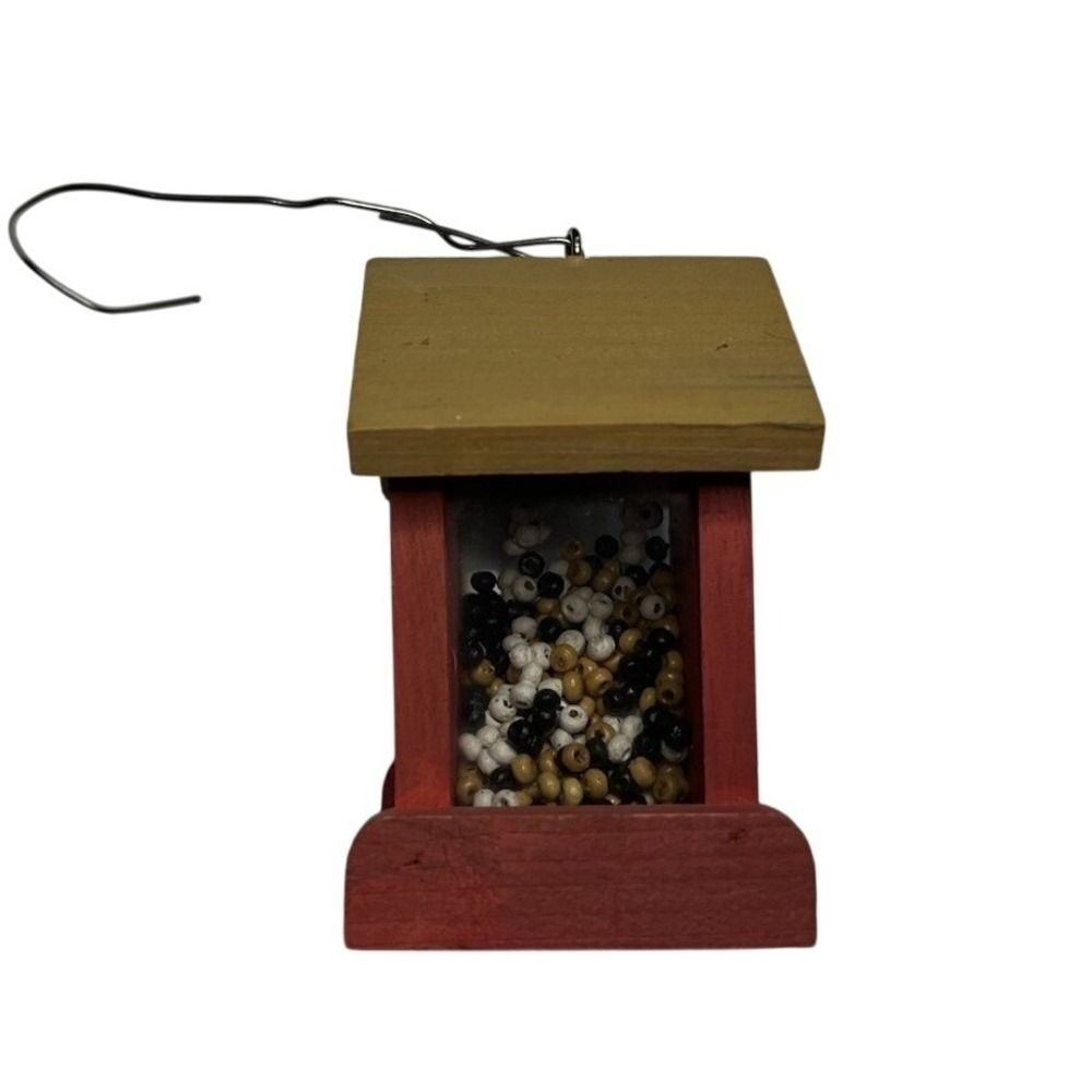 Rustic Wood Bird Feeder Ornament Mini Red Cabin Christmas Tree Birdhouse Decor